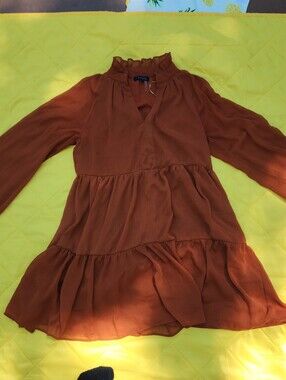 1st State Ruffled Neck Tiered Tunic Dress — Rust Brown